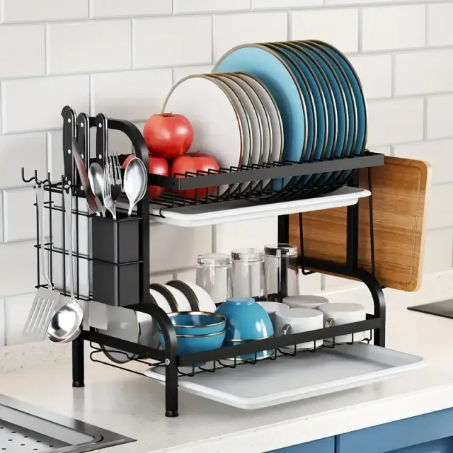 Sušák na nádobí se 2 nebo 3 patry s odkapávačem - pro úsporu místa na kuchyňské lince