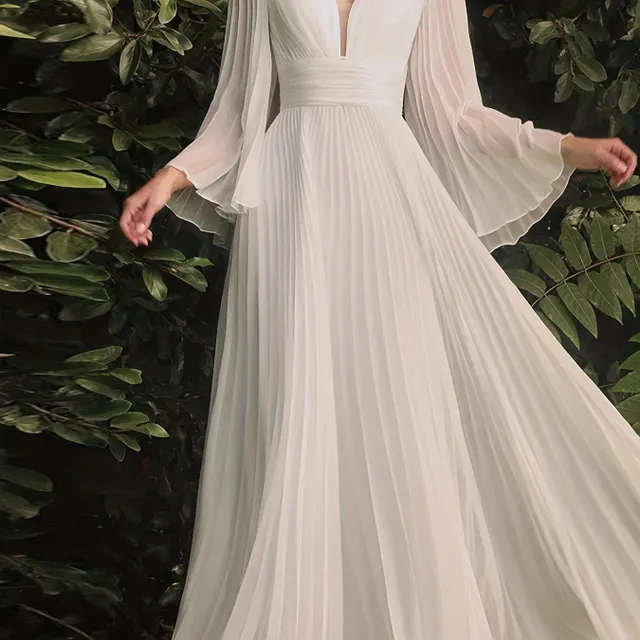 Elegant wedding dress for full-length women with deep V-shaped neckline, bell sleeves and a splashy long skirt