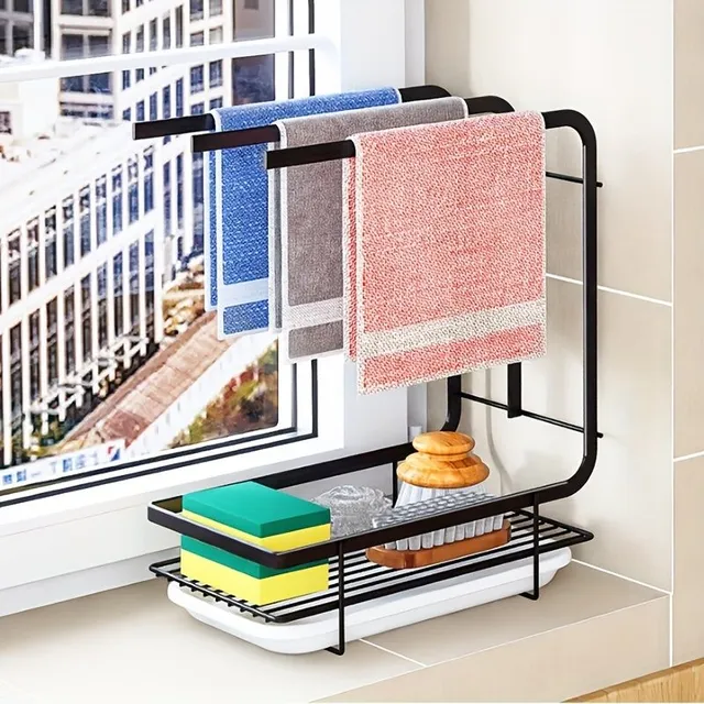 Kitchen Towel Towel Holder, Wall without Drilling Table Storage Holder, Wire Steel Brush Drip Bowl