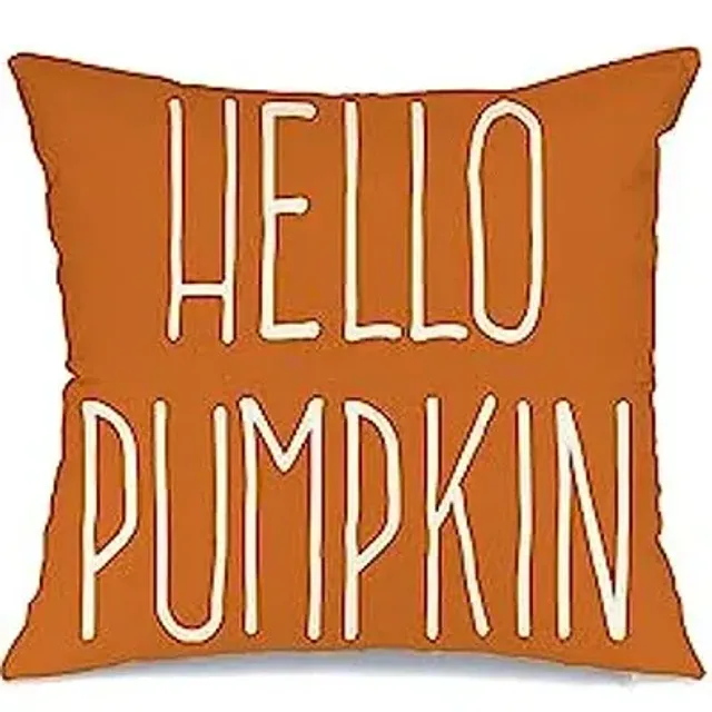 Autumn linen square pillowcase with striped pattern and inscription "Hello Pumpkin"