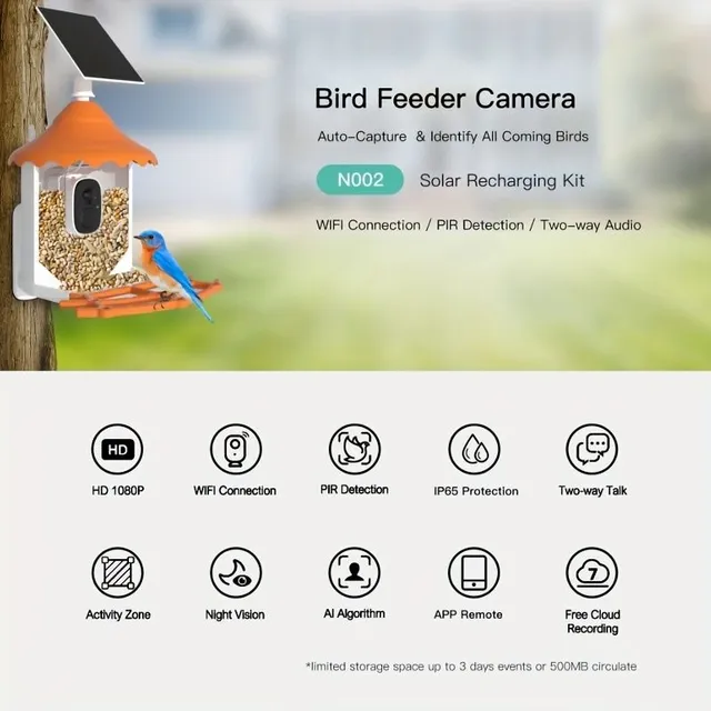 Automatic Feeder For Birds, Outdoor Feeder For Hummingbirds With Lens For Tracking Birds, AI Recognition Birds, 1080P HD Camera, Two Way Microphone, Remote Control, IP65, Standby Time About 6 Months, With Solar Panel