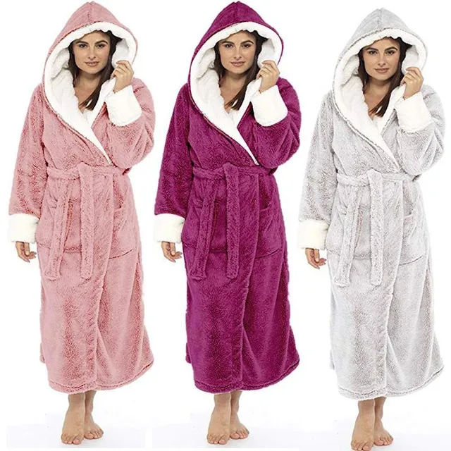 Women's luxury single-colour robe with hood, pockets and practical belt