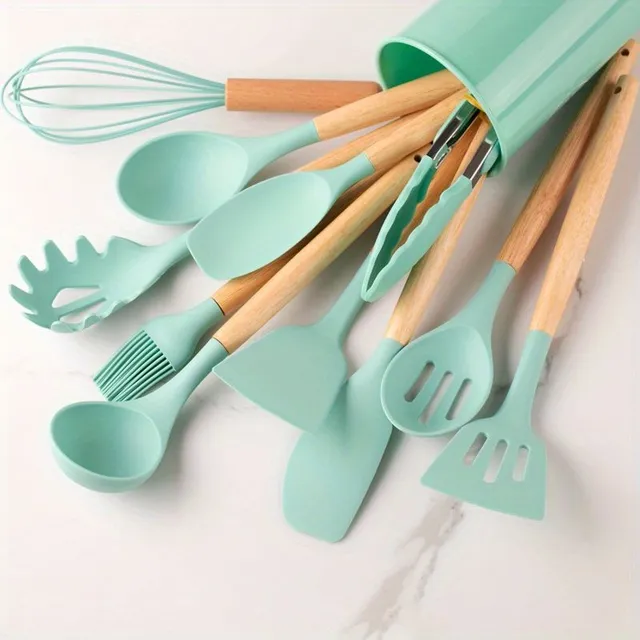 Ensemble de 12 pièces d'ustensiles en silicone, ensemble de cuisine kaki avec poignée en bois, ustensiles de cuisson sécurisés, ustensiles de cuisine avec surface antiadhésive, vaisselle moderne lavable, accessoires de cuisine, fournitures de cuisine, fournitures scolaires, retour à l'école