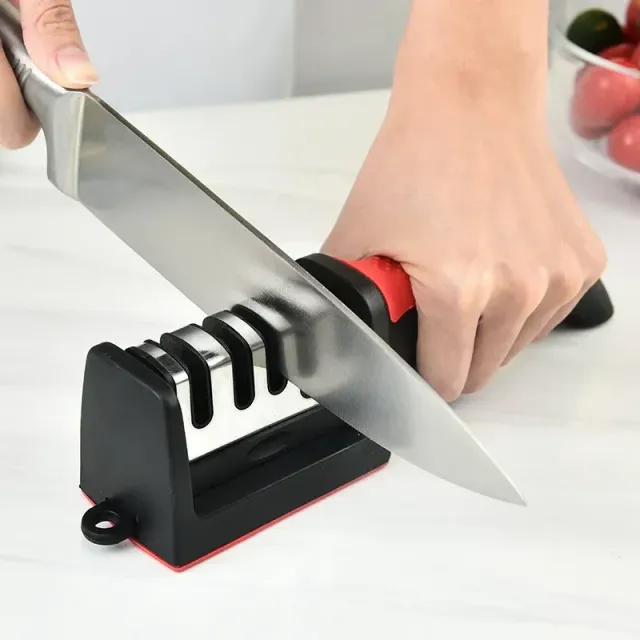 Knife sharpener with 4 segments for home - multifunctional, manual, four-purpose, black