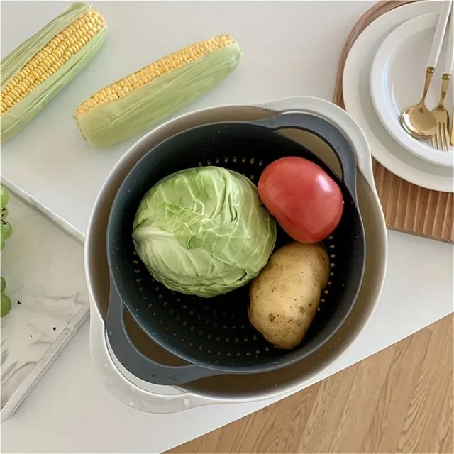 Set, insertable bowls with measuring cups Set of cedar and sifter, contains 2 mixing bowls, 1 cedar, 1 sieve and 4 measuring cups