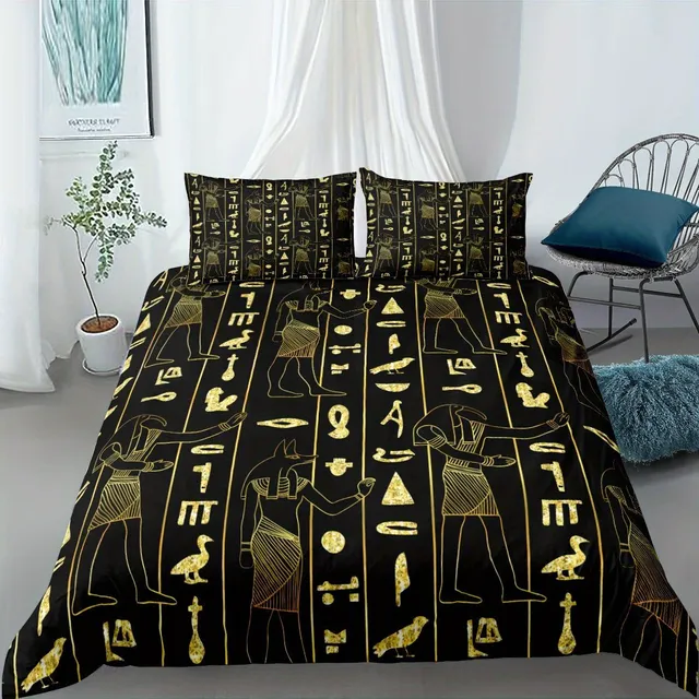 Mituri egiptene: Pat faraonic cu imprimeu hieroglific - Set lenjerie de pat, lenjerie tradițională mitologică pentru dormitor sau cămine