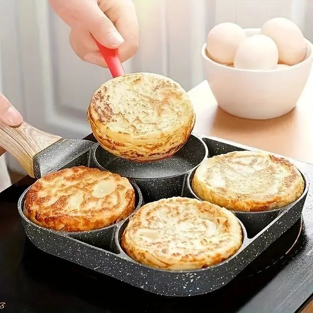 Non-stick pan for pancakes and fried eggs with 4 holes and wooden handles