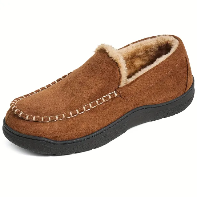 Men's comfortable Venetian loafers with memory foam and warm fleece - non-slip home shoes