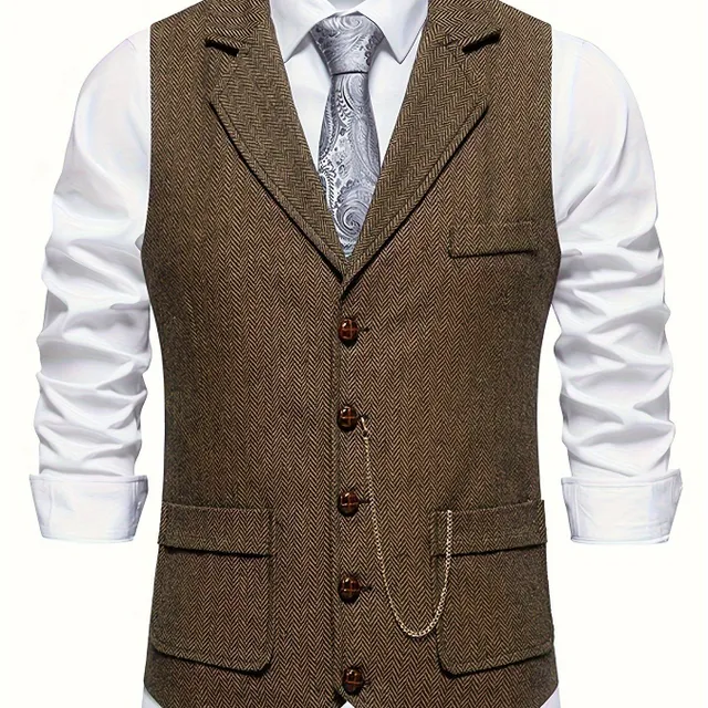 Men's retro herringbone vest with 1 button, Elegant lapel for business, banquet and wedding events