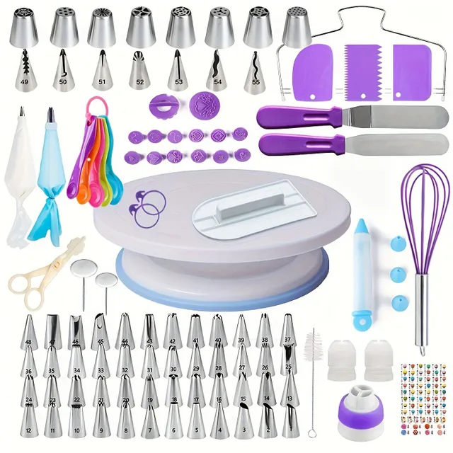 Decoration set for cakes, stainless steel pastry tips, clutches, squeegees and other accessories