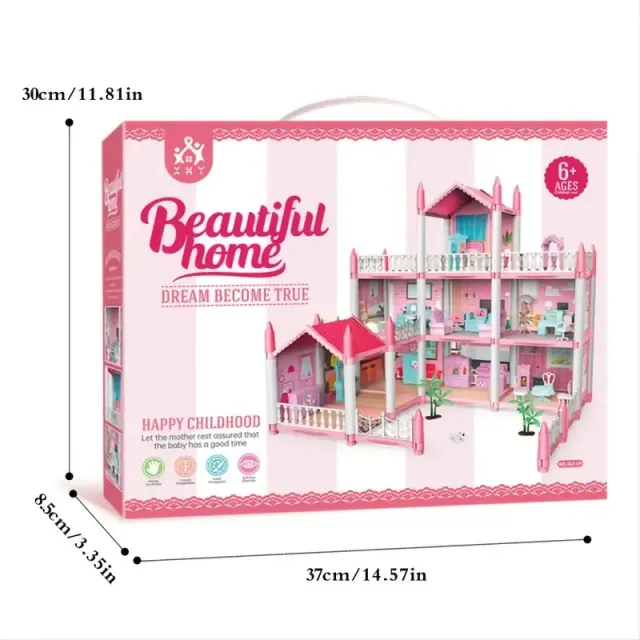 Children's Dollhouse 3 floors 9 rooms pink DIY