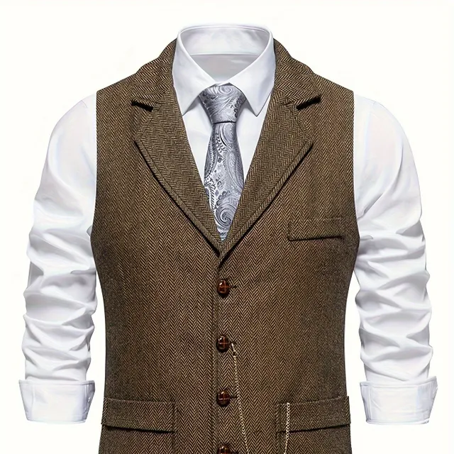 Men's retro herringbone vest with 1 button, Elegant lapel for business, banquet and wedding events