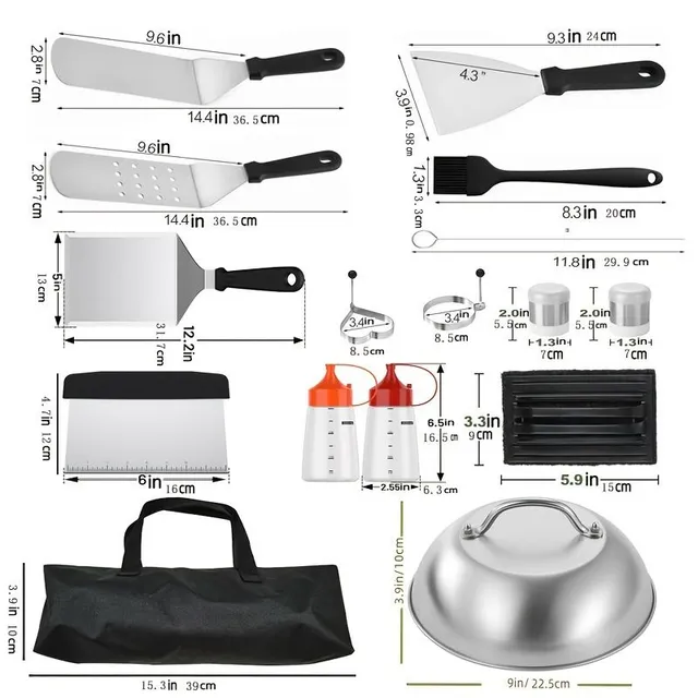 Set de grătar din oțel inoxidabil 18 piese, echipament profesional, spatulă, grătar, gătit în aer liber