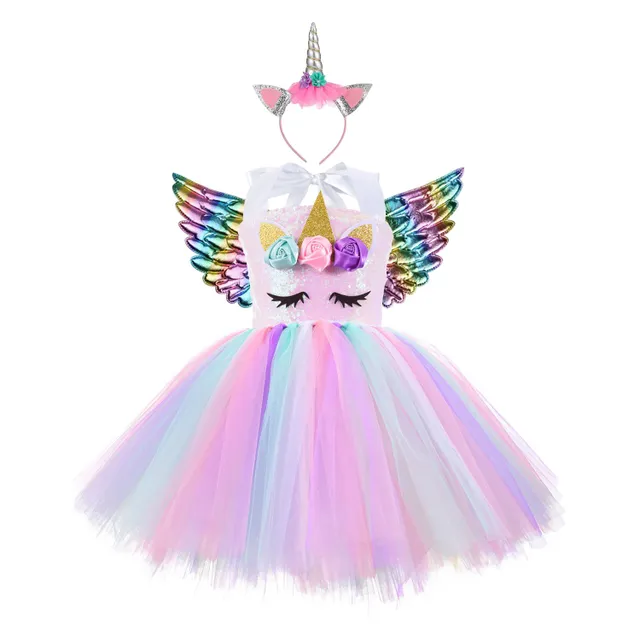 Girl's sequin tulle dress with unicorn with wings and headband