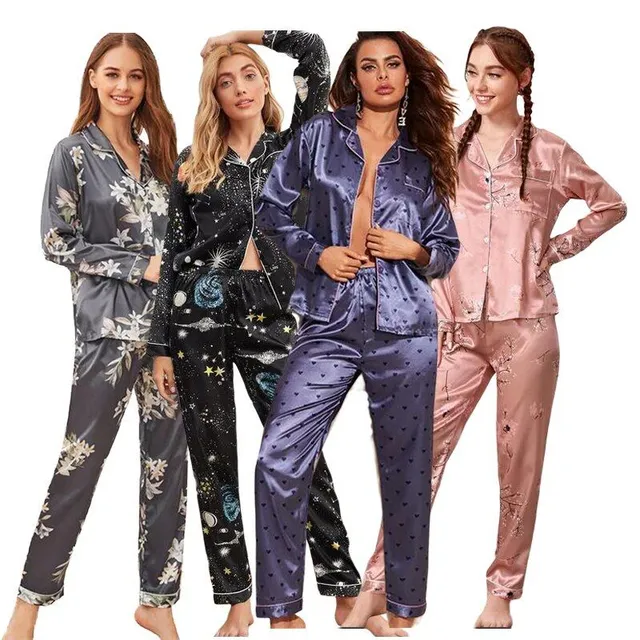 Ženská jar/jesenné pyžamo hodvábneho saténu - dlhé rukávy a nohavice