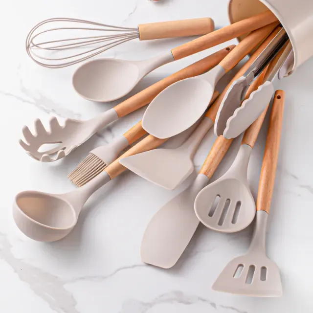 Ustensiles de cuisine en silicone avec poignée en bois - Ensemble de 12 pièces