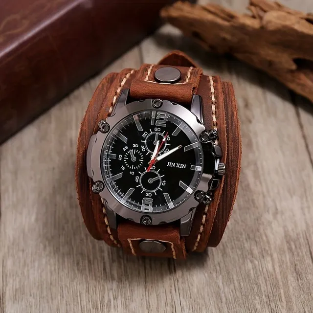 Male Vintage watch with hand-stitched PU leather bracelet