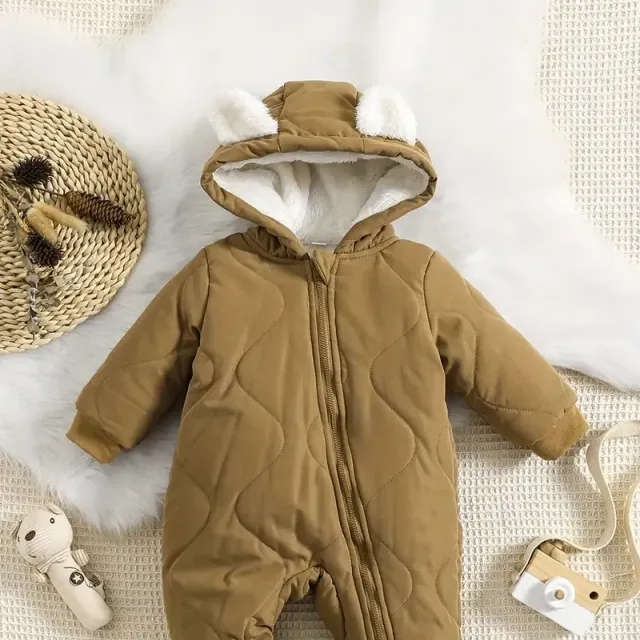 Warm baby jumpsuit with hood, long sleeve and zipper - for comfortable winter walks