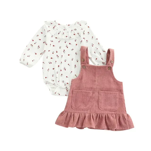 Baby girls overall with long sleeve and floral printing + dress with ruffles for spring and autumn