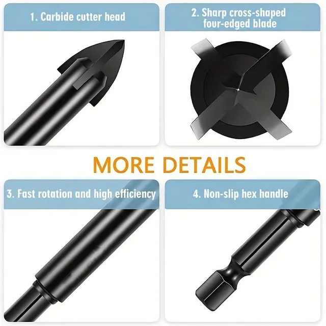 Universal drill with cross grinding - 5 pcs set, 3/4/5/6/8 mm, hard metal, for glass, ceramics, wood