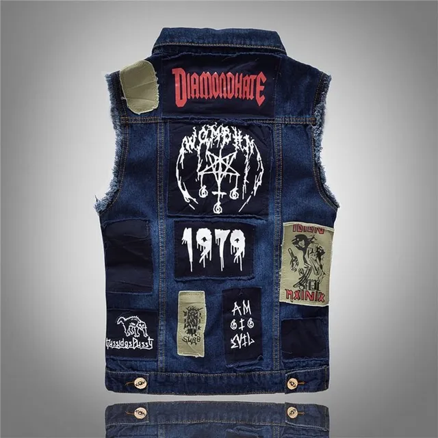 Men's ripped denim vest with patches