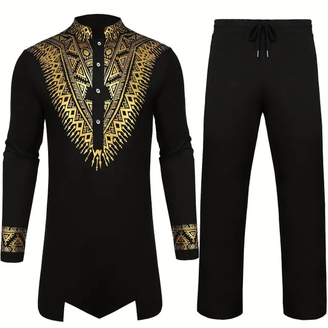 Male plus size African two-piece ensemble - metallic traditional suit with floral print, shirt Dashiki and trousers