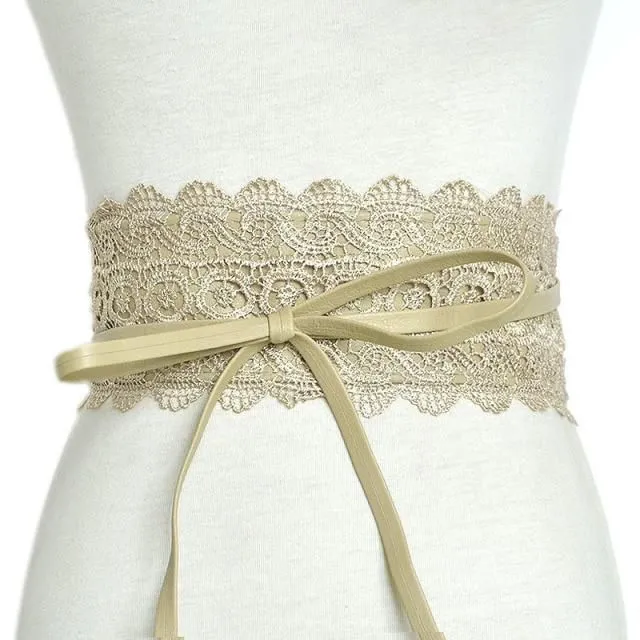 Ladies lace belt with bow khaki