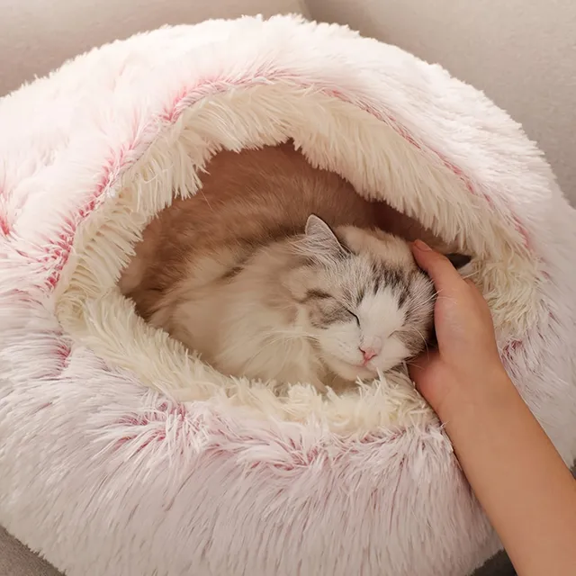 Měkký plyšový pelíšek ve tvaru koblihy s kapucí pro malé psy a kočky