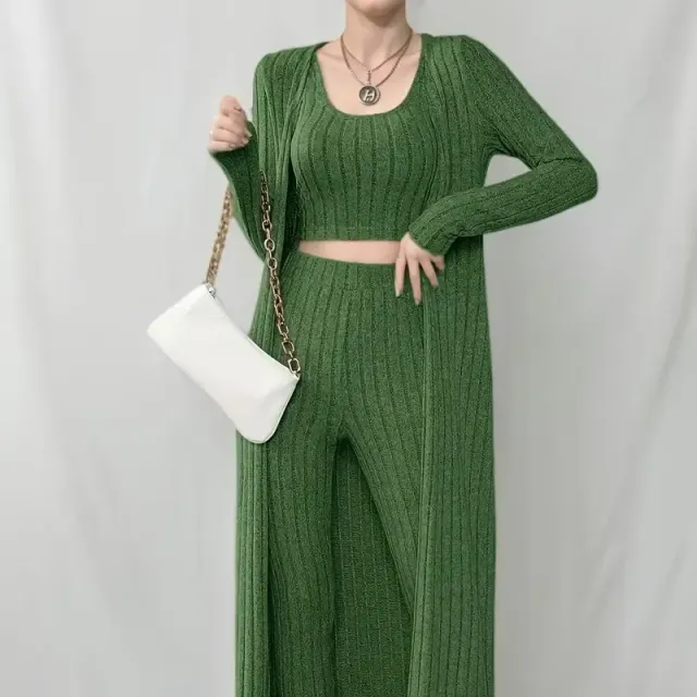 Women's 3-piece ribbed set: shortened top, cardigan with long sleeve and trousers with high waist