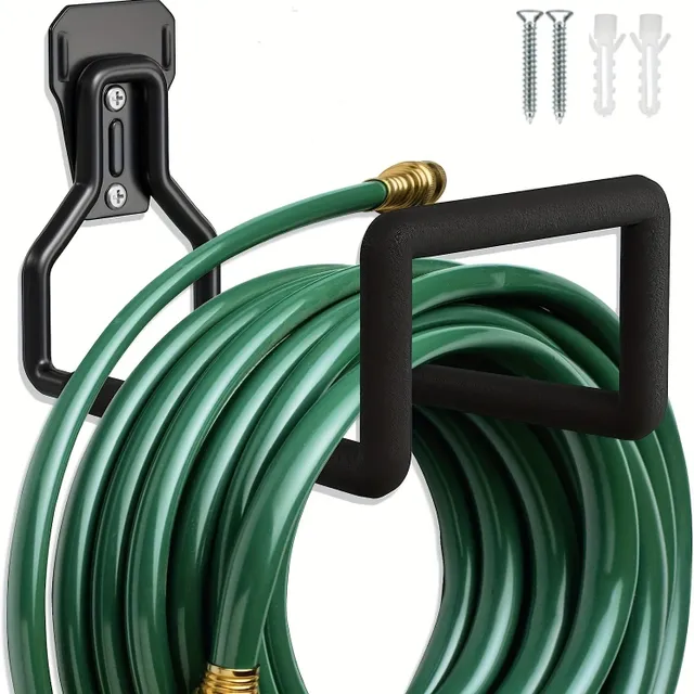 Garden hose holder for wall - durable metal rack with hook for hose storage (black)