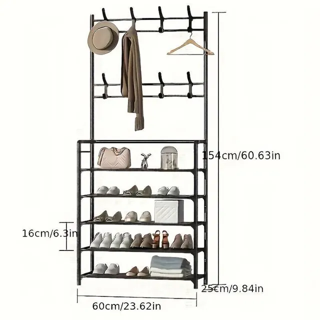 Freestanding coat rack and shoe holder with 4/5 shelves and 8 double hooks - 60 cm © Hall, bathroom, hallway