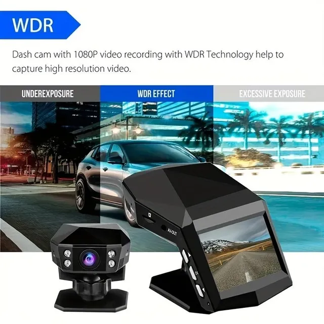 Full HD car camera with LCD display on centre panel, wide-angle 170°, night vision and parking monitor.