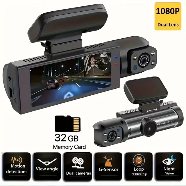 Autokamera přední a vnitřní - 3.16 palců, 1080P, G-senzor, noční vidění, cyklické nahrávání, široký úhel - DVR do auta