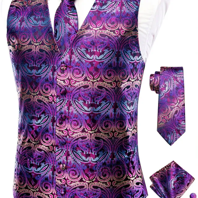 Male vintage sleeveless vest with elegant cut and floral pattern, formal set - vest, tie, cuff links and handkerchiefs