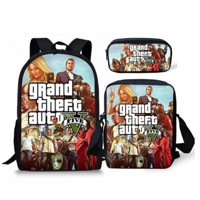 3ks/set školních tašek a penál s parádním potiskem Grand Theft Auto