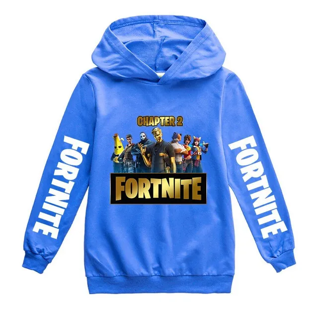 Detská mikina s kapucňou s potlačou Fortnite na rukávoch a hrudi