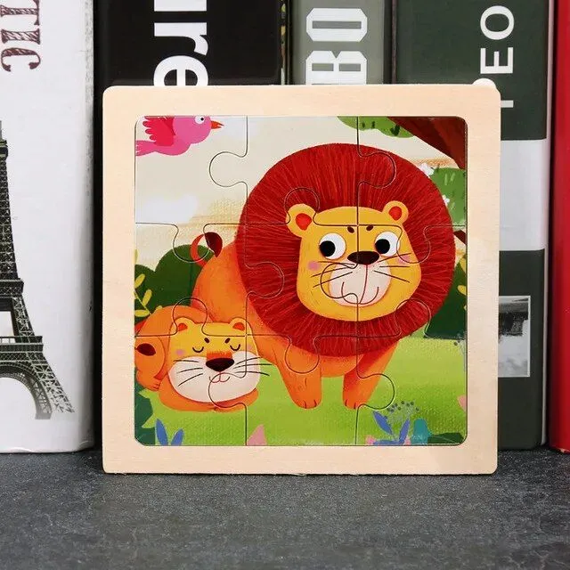 Children's wooden puzzle with animals and means of transport - 11x11 cm