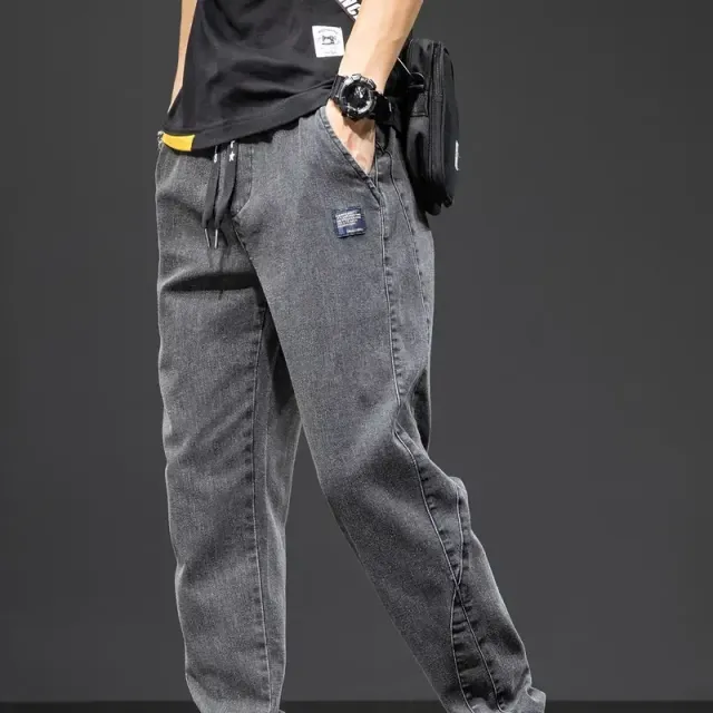 Men's denim joggers with pockets, comfortable string cotton pants for leisure and outdoor activities