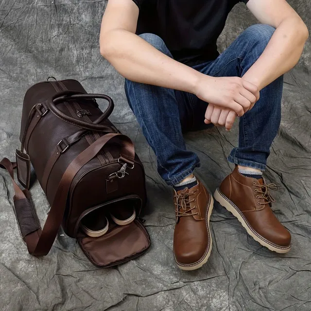 Spacious travel bag made of beef leather for short trips with a shoe compartment, men's and women's