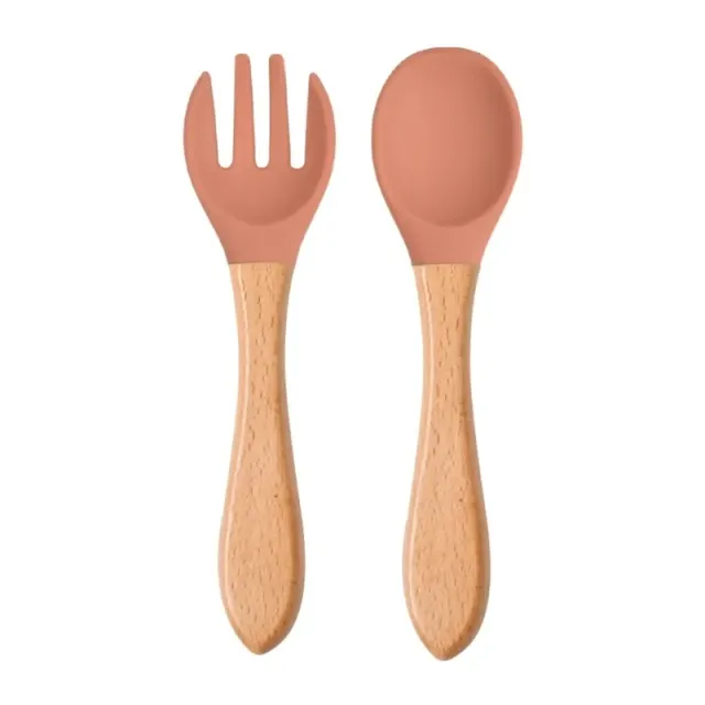 Kids' teaspoon kit and food silicone for training a child with wooden handles