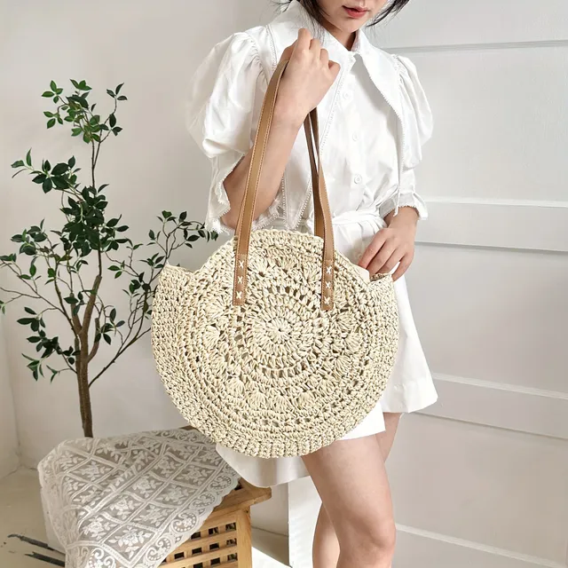 Straw knit casual bag - round shape with double ear, literary beach bag