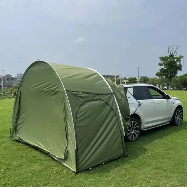 Tent for car for rear moving for camping on the wild, with sun and rain protection, fast layout