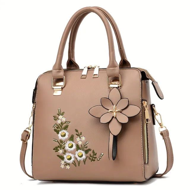 Geantă de damă - Tip crossbody, cu model floral brodat, breloc (2 în 1)