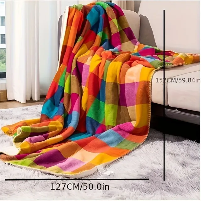 Couverture Sherpa multicolore à motif écossais, 1 pièce, en laine d'agneau bicolore