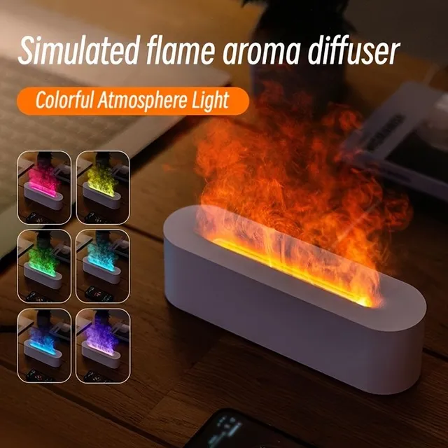 Umidificator de aer cu difuzor de aromă și iluminare LED colorată în 7 culori în imitație de flacără - alimentare USB