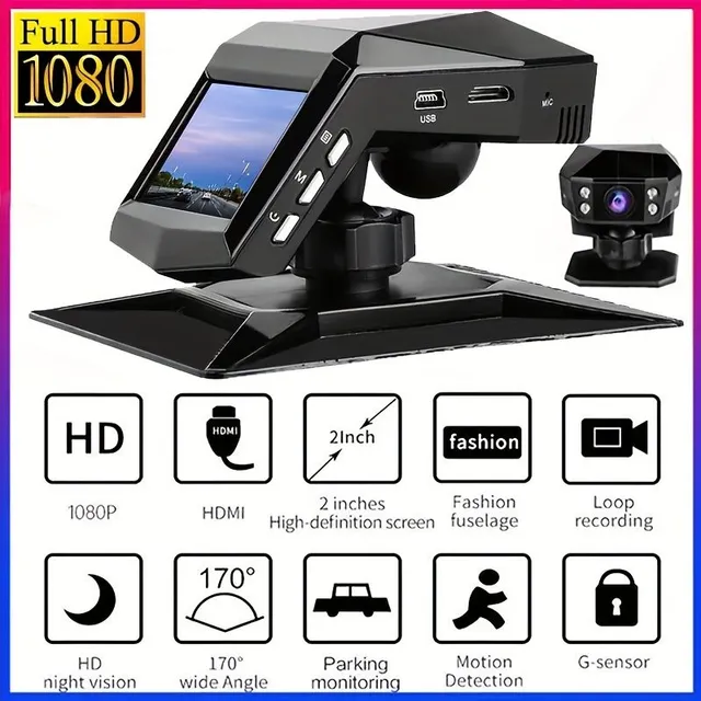 Full HD car camera with LCD display on centre panel, wide-angle 170°, night vision and parking monitor.