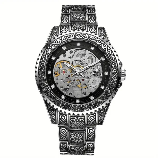 Pánske vintage módne vyrezávané zlaté mechanické náramkové hodinky značky Luxury Butterfly Buckle Hollow Out mechanické hodinky, ideálna voľba pre darčeky