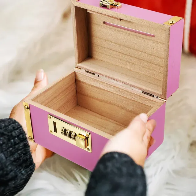 Modern wooden cash box for coins and banknotes - pink version, gold details, with code