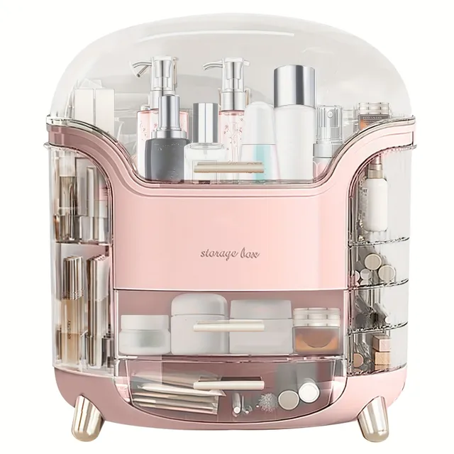 Beauty organizer with transparent lid and makeup drawers and skin care