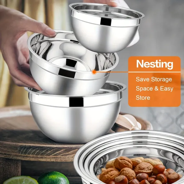 Stainless steel bowls with coloured lids - Set of stackable cooking, baking, serving and storage bowls